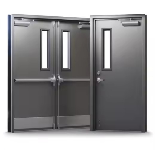 Black vertical slat iron door with a round handle on the right side, front view