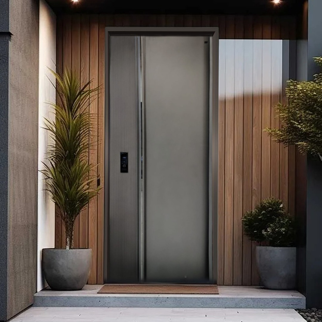 Black vertical slat iron door with a round handle on the right side, front view