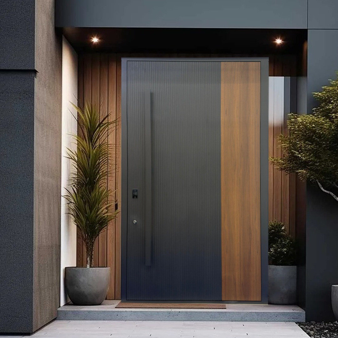 Black vertical slat iron door with a round handle on the right side, front view