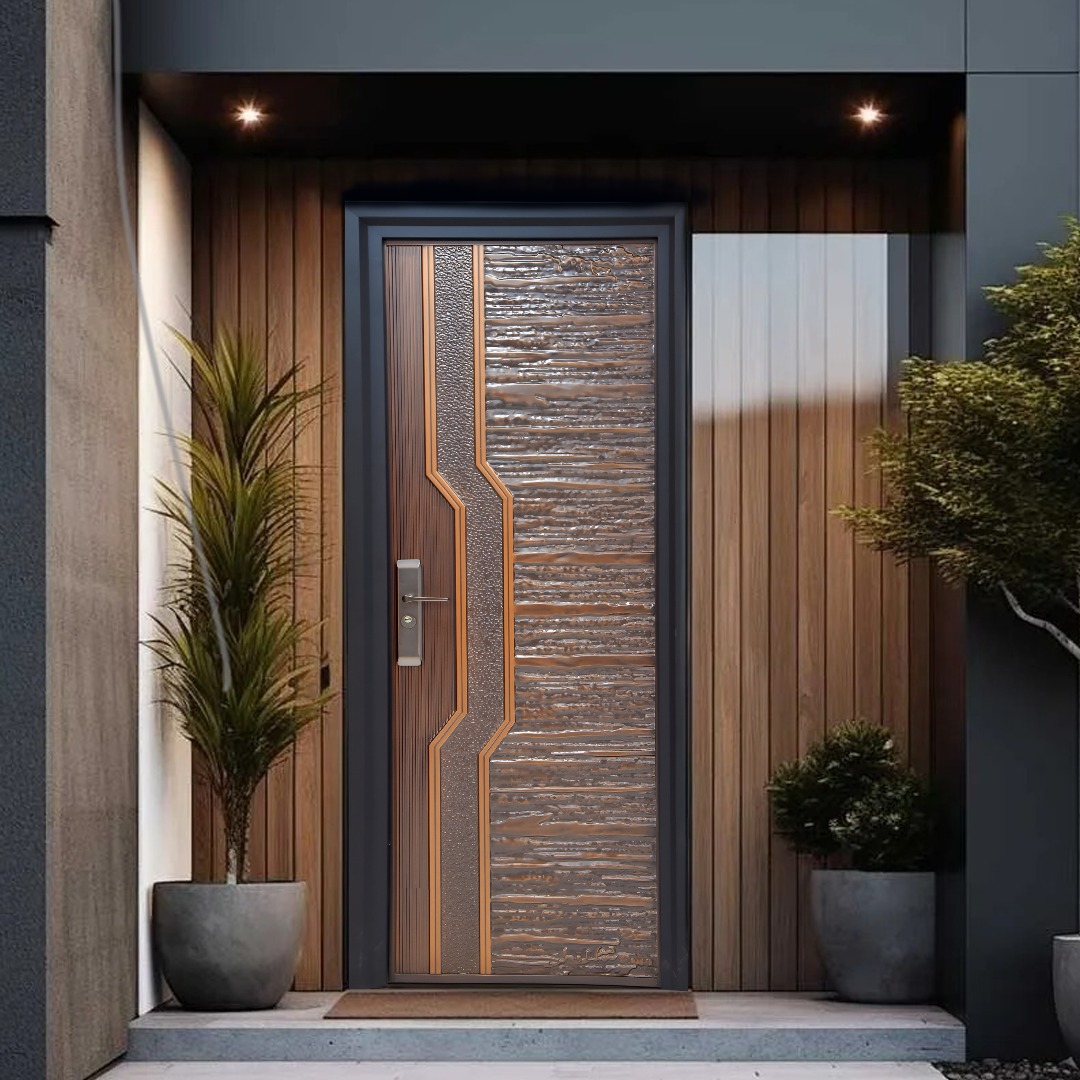 Black vertical slat iron door with a round handle on the right side, front view