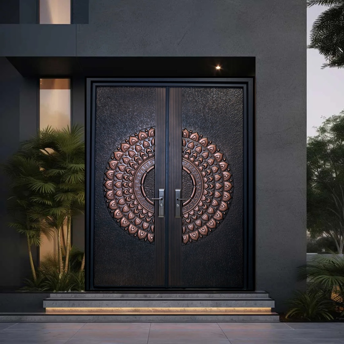 Black vertical slat iron door with a round handle on the right side, front view