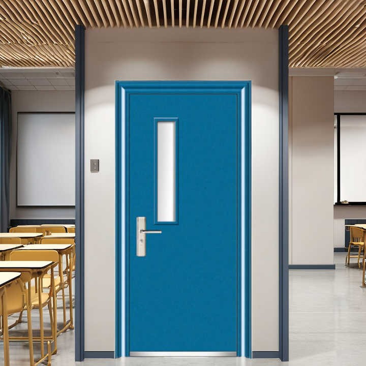 Black vertical slat iron door with a round handle on the right side, front view